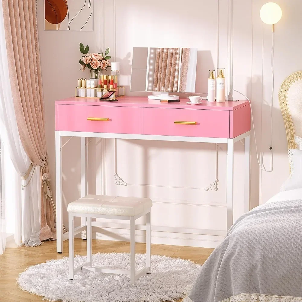 

Vanity Desk with Charging Station, Pink Makeup Vanity with Lighted Mirror, Tri-Fold, Small Vanity Set with Drawers