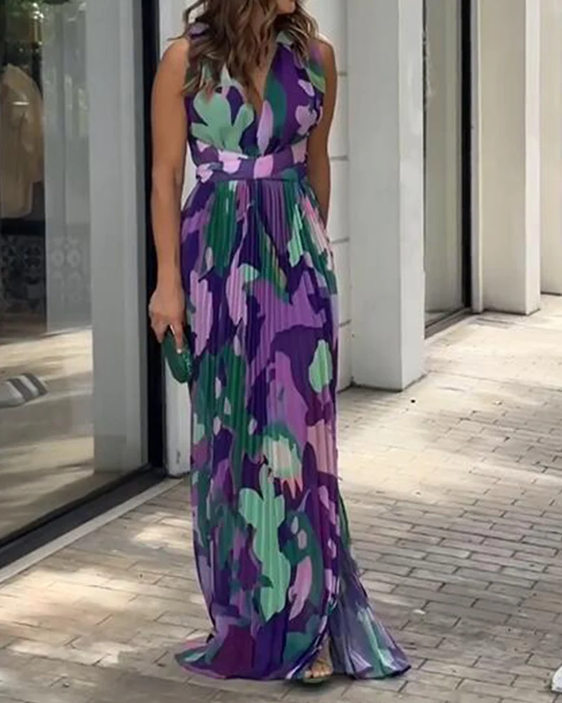 Deioao Luxury Elegant  Fashion Dress Summer Sexy V-neck Make A Slit Or Vent  Contrasting Floral Print Pleated Maxi Dresses