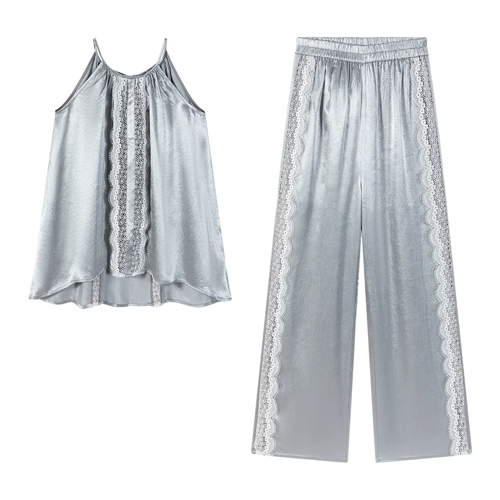 Silver Snow Grass Color Acetate Suit Cut Out Lace Splicing Design Top/Straight Wide Leg Pants