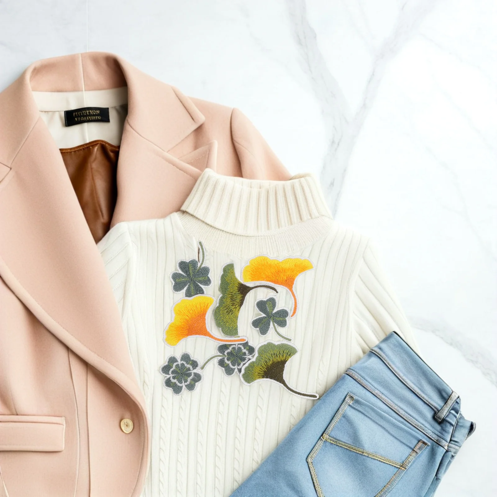 

8Pcs Gradient Ginkgo Leaf Patches Self-Adhesive Embroidered Applique for Clothes Bags Shoes Conceal Imperfections Durable