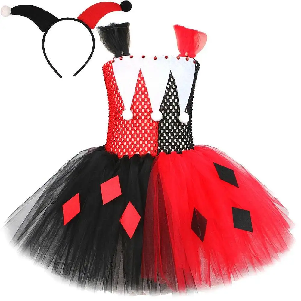 

Harley Halloween Costume for Baby Girls Kids Cartoon Character Cosplay Dress Outfit Quine Girl Red Black Half-half Tutus Clothes