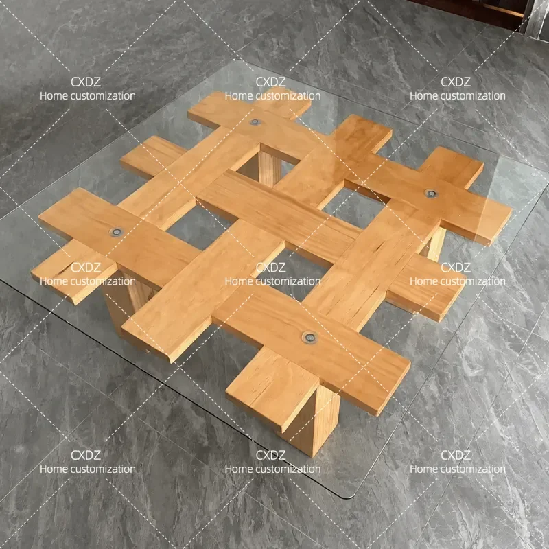 Simple tempered glass coffee table household living room antique solid wood low table office commercial square transparent