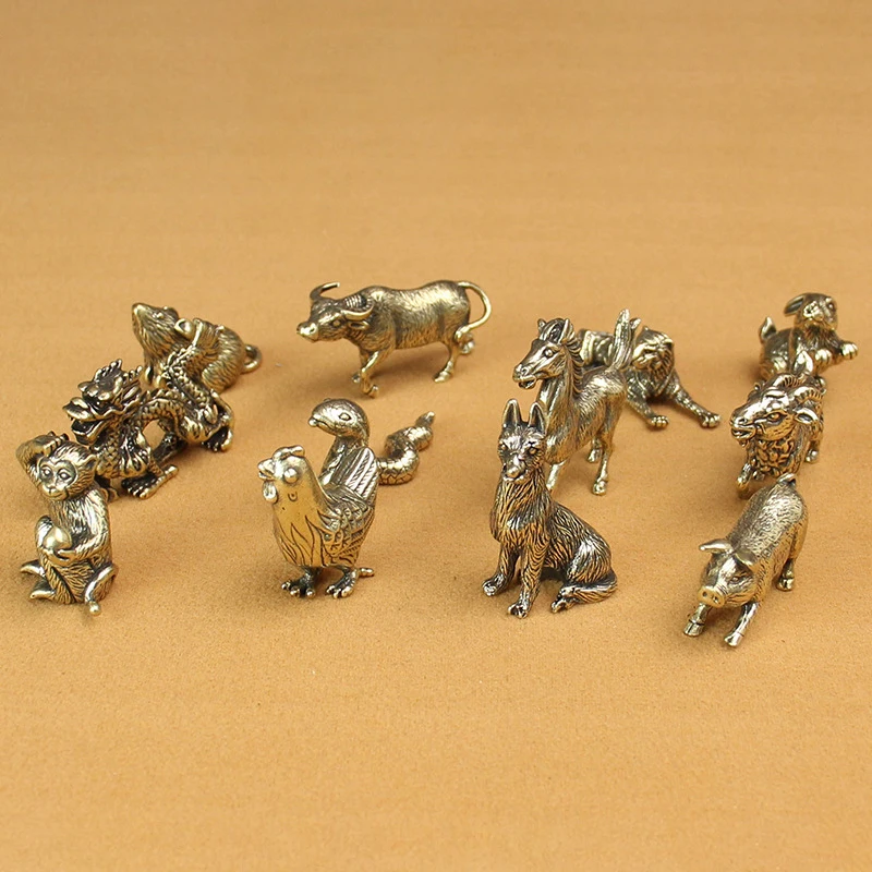 Antique Miniature Animal Ornaments Figurines Vintage Brass Mini Animals Statue Desk Ornaments Home Feng Shui Decor Crafts