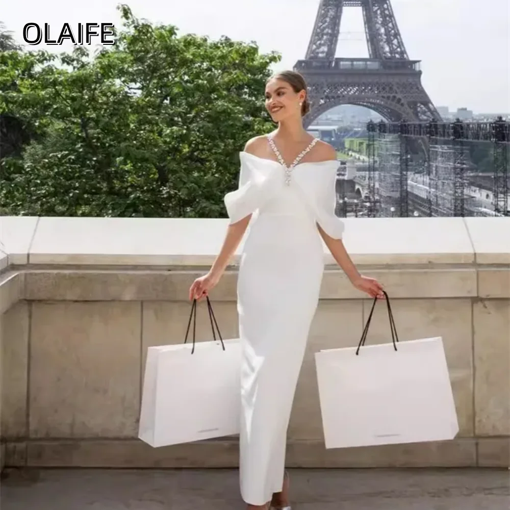 Bow Satin Crystals Strap Back Split Evening Dresses Mermaid Customized Half Sleeves Zipper Floor-Length فساتين للمناسبات الخاصة