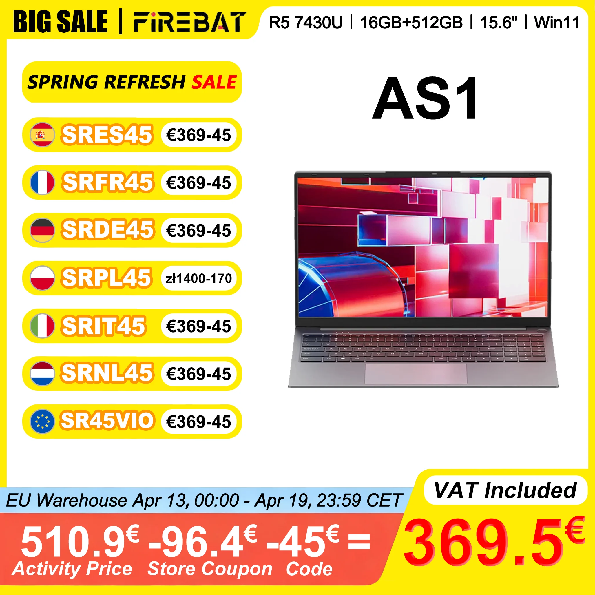 FIREBAT AS1 Laptop 15,6 inch AMD R5 7430U 16GB DDR4 RAM 512GB SSD IPS Windows 11 Type-C WIFI6 Full-size toetsenbord Notebook