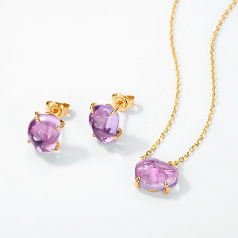 

Certificated 925 Silver Natural Amethyst Necklace/Earring/Ring Oval Irregular Real Stone Bazel Setting Jewelry Set Droppshipping