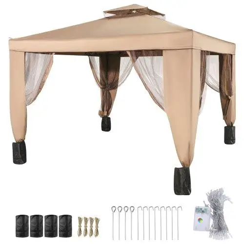 10' x 10' Outdoor Gazebo Canopy Tent - Portable Shelter with Sandbags & Netting for party , Patio & Garden - Brown