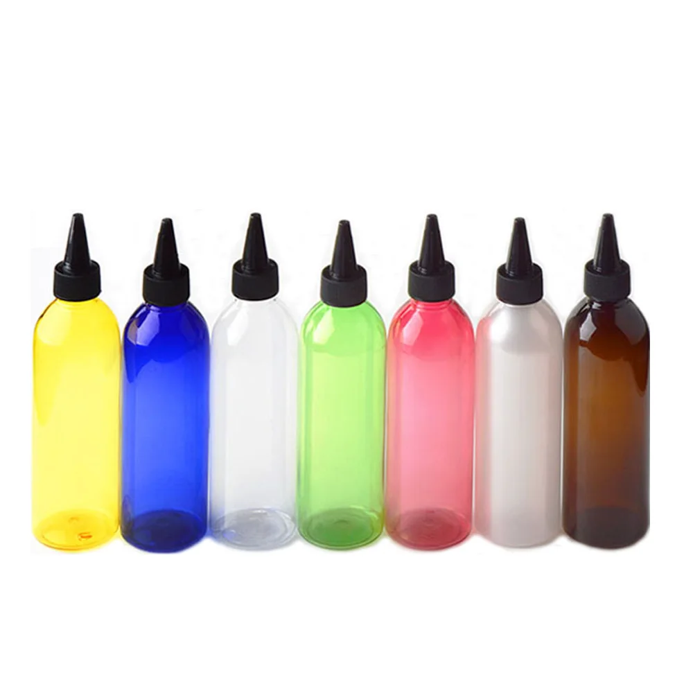 150ml 7 color available Refillable Squeeze  PET plastic lotion cosmetics bottle with black plastic Pointed mouth cap