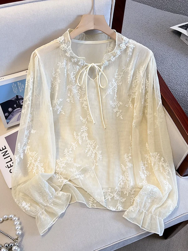 

Новая женская блузка в китайском стиле с вышивкой и кружевом из шифона, весенняя новинка, премиум-класс, с бантом и длинными рукавами, с оборками