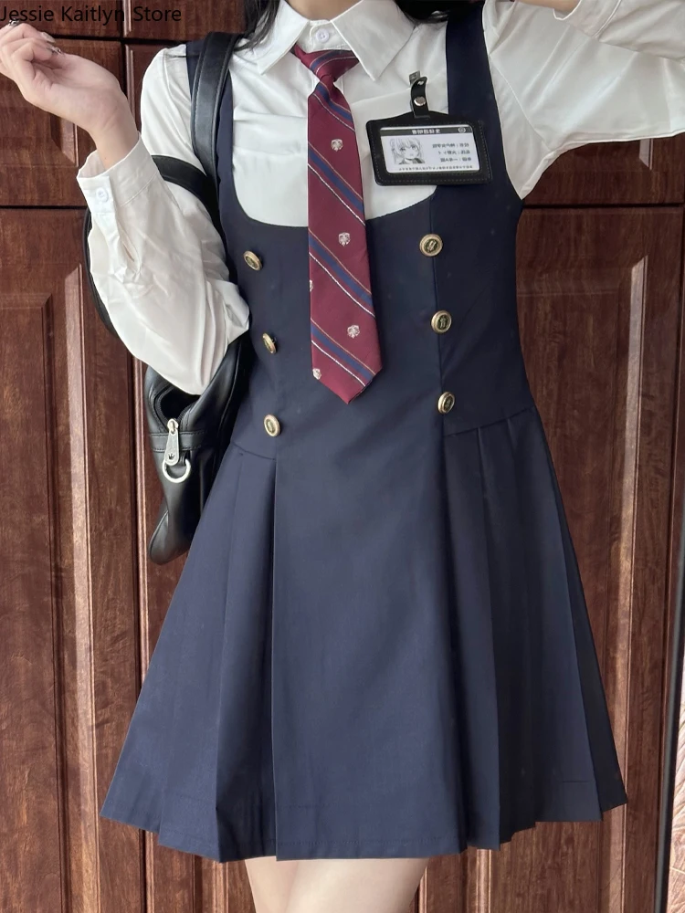 Japanese Kawaii School Uniform Women Korean Fashion College Student JK Uniform Autumn Long Sleeve Shirt and Strap Dress Sets New