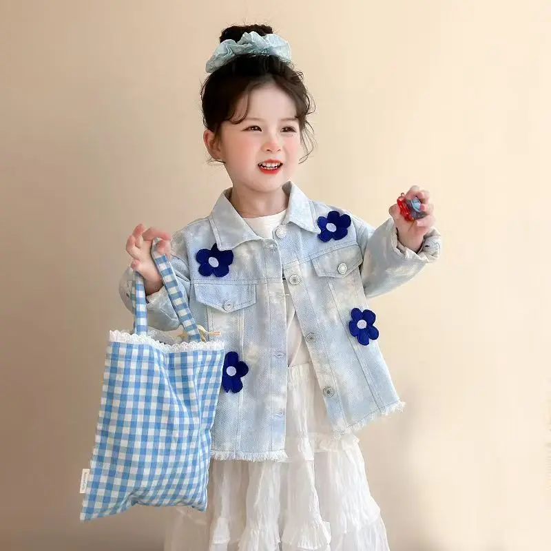 

Girls' Patchwork Flower Denim Jacket Spring 2025 New Korean Fashion Baby Top Children's Clothing Children's Jacket