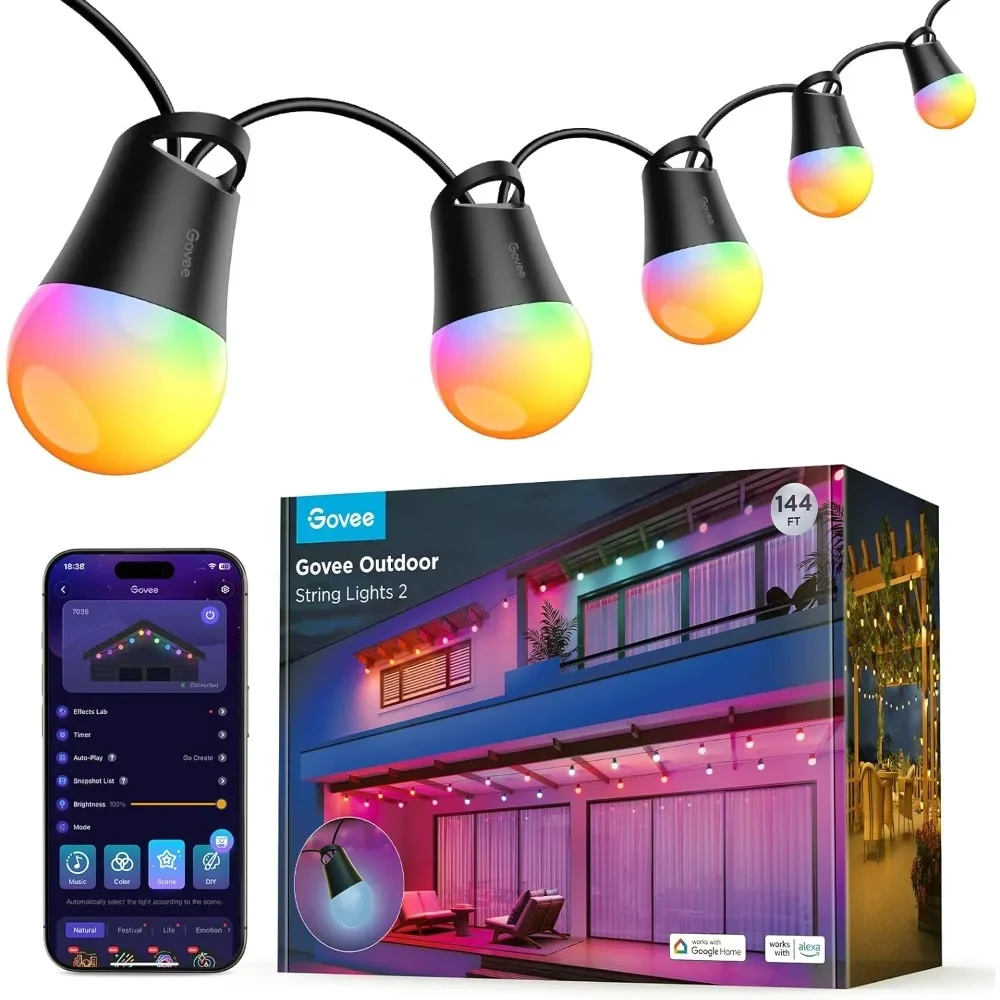 

Smart Outdoor String Waterproof Lights with Dimmable Warm White LED Bulbs, App Control, for Christmas, Backyard,Event & Party