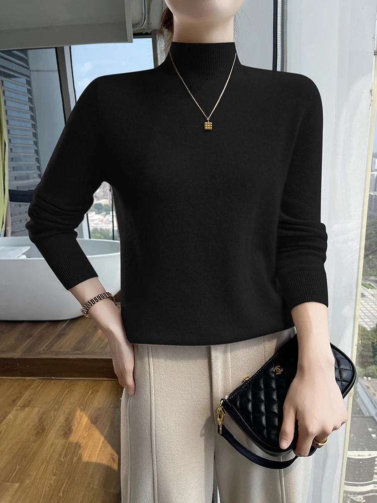 

Women Mid-High Collar 100% Cashmere Sweater Autumn Winter Casual Solid Color Pullover Long Sleeve Knitted Base Shirt Warm Top