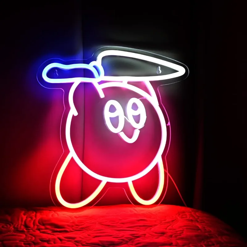 Kawaii Anime Kirbee Knife Colorful Led Signs Retro style Neon Light Gamers Anime Fans Perfect 13 Inches USB Powered Led light