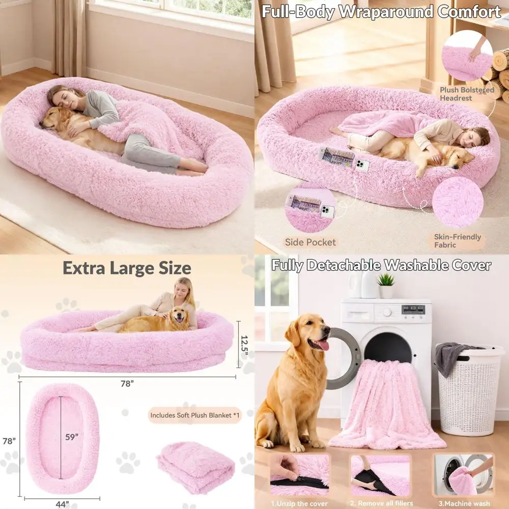 

Складная моющаяся розовая гигантская лежанка для животных со съемным одеялом для собак и детей