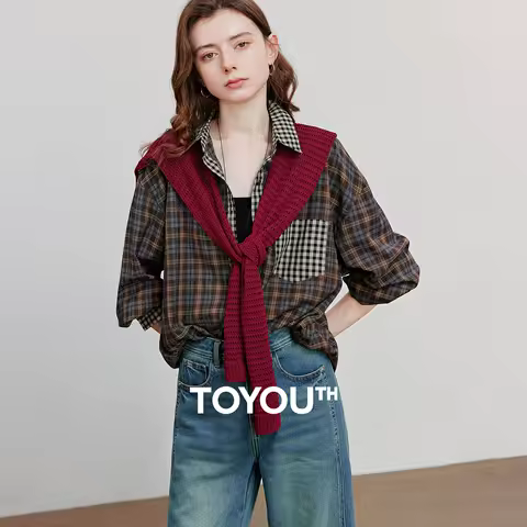 TOYOUTH Women Long Sleeve Blouse Shirt 2025 Autumn New Striped Splicing Irregular Grid Simple Shirt Tops