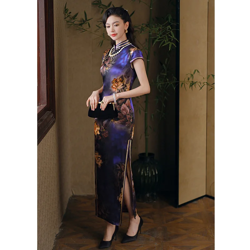 High Quality Purple Real Silk Cheongsam Dress High-End Dress 2024 Chinese Style