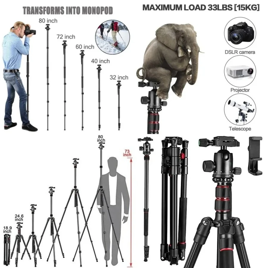 

84" Camera Tripod, DSLR Tripod Heavy Duty for Travel, 360 ° Ball Head Professional Aluminum Tripod & Monopod with Carry Bag Compatible with Canon Nikon Binoculars Laser Telescope, 33lb Load