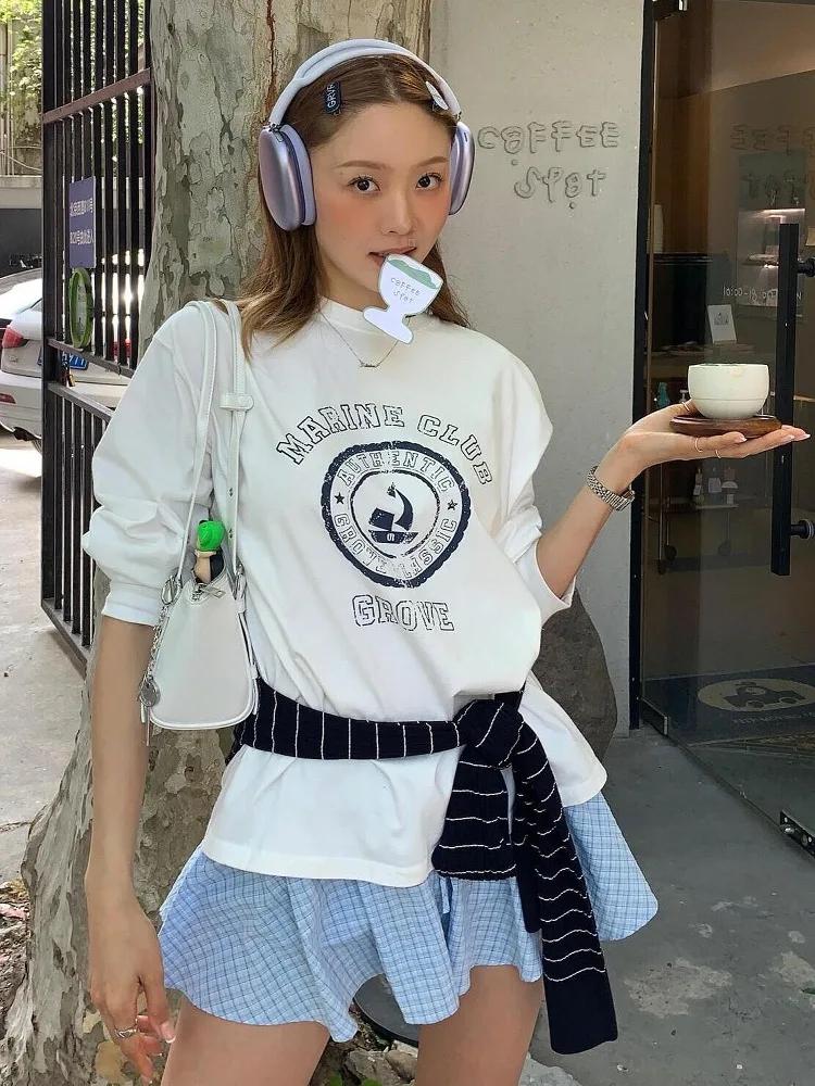 

Повседневная женская футболка из чистого хлопка с длинным рукавом, винтажным принтом в виде лодок, удобная, свободного кроя, с круглым вырезом, для осени