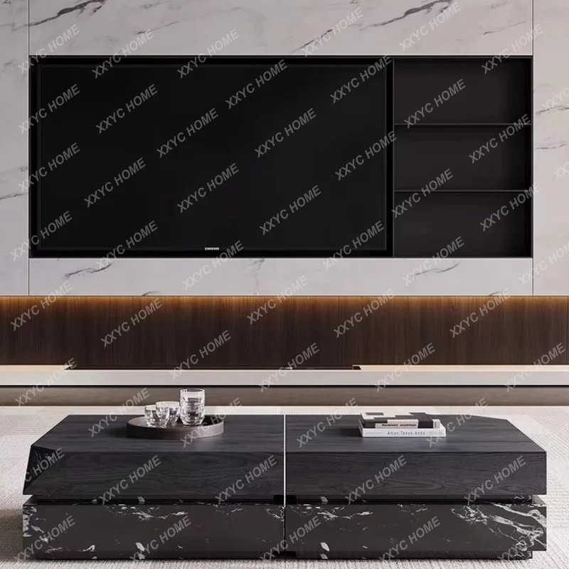 XXModern Natural Marble Coffee Table Black Rose Design Rectangle Wood Grain Living Room Center Table