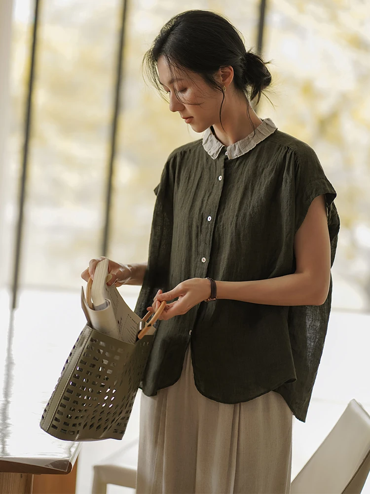 

Korean Sle Artistic Summer New Loose Color Blo Bell Collar Svel Linen irt Women's Faion Casual Breathable Comfo...