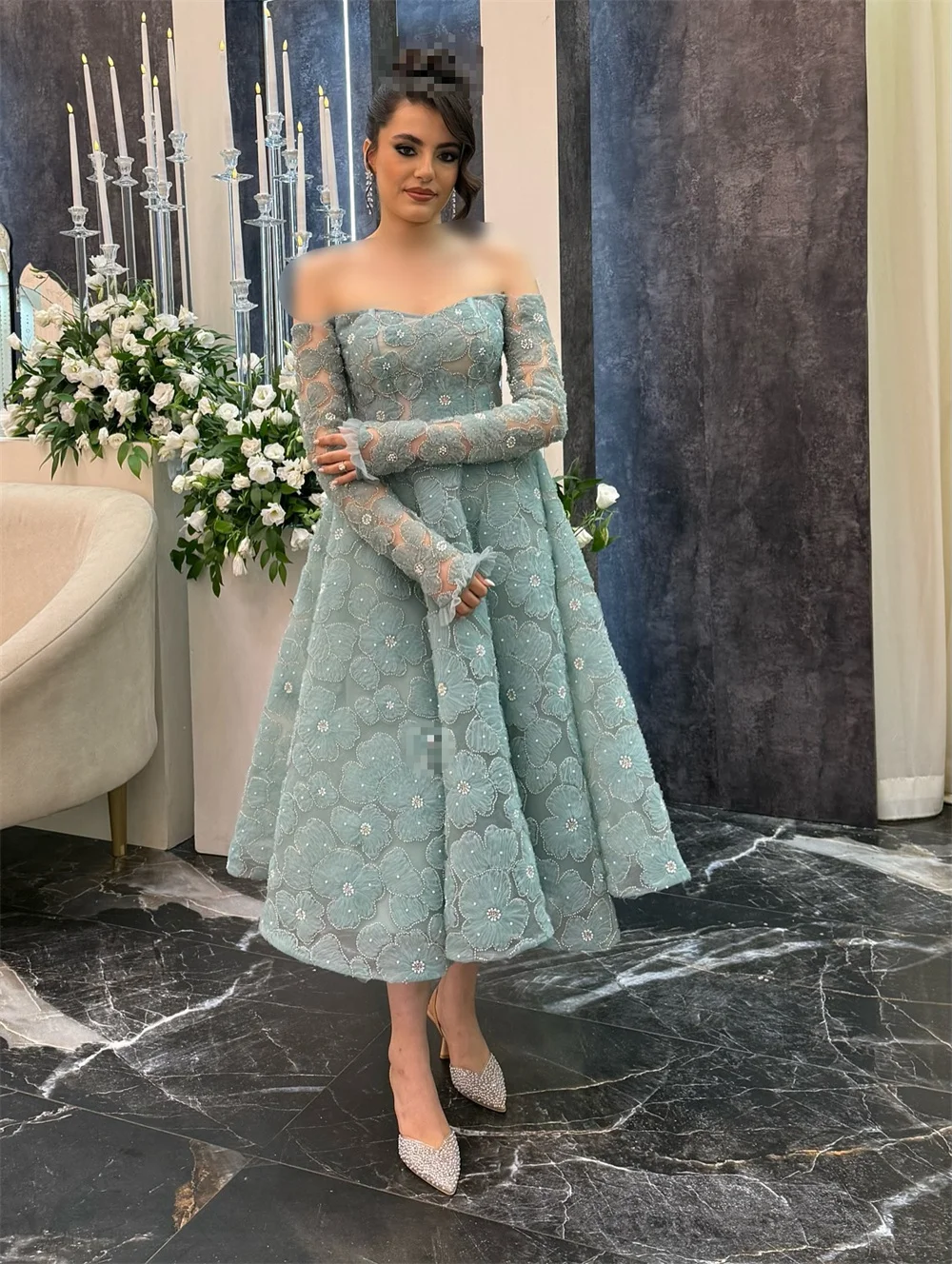 Contessa personalizado flor bordado fora do ombro festa vestidos de baile manga longa robes de soirée a linha vestidos de eventos formais