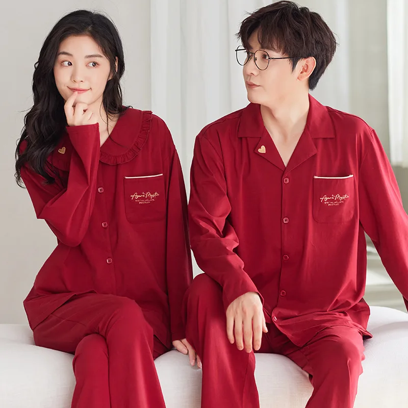 Cotton Red Color Sleepwear for Couples Sweet Cardigan Pajamas Set for Men and Women Matching Loungewear pyjama homme feminino