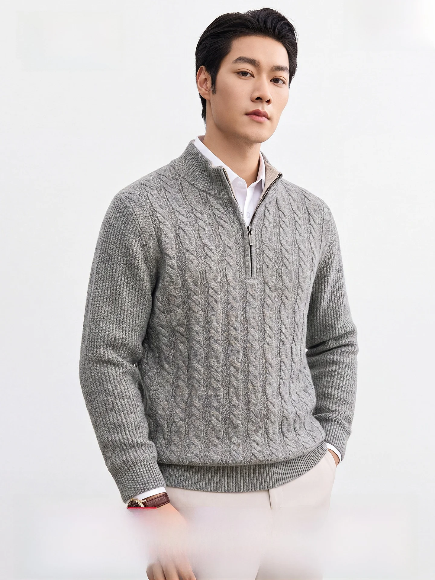 100% Cashmere Men's Pullover Sweater with Half Zipper And Knotted Collar for Autumn Winter Fashion Urban Business Casual Style