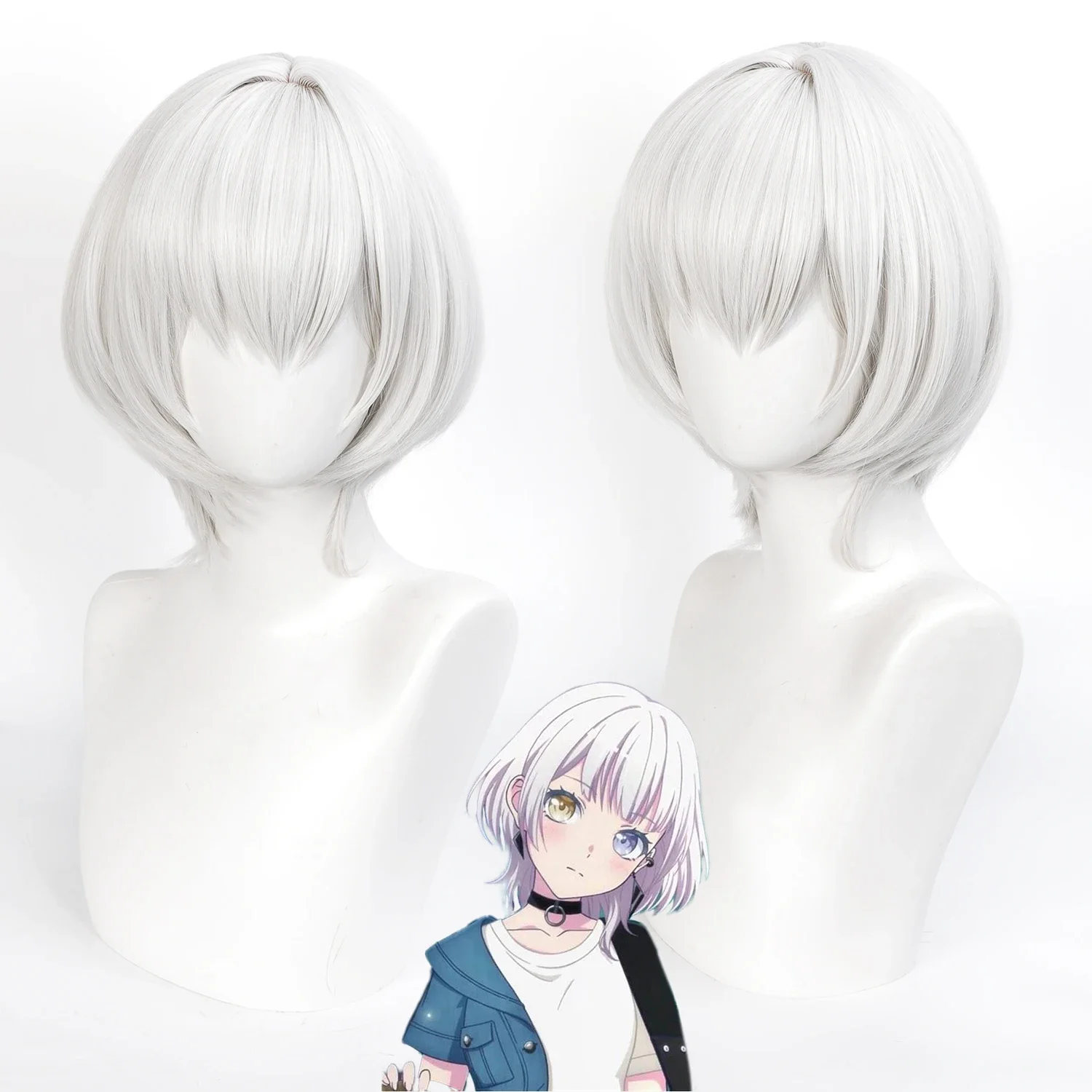 BanG Dream! Kaname Raana Cosplay-Perücke, kurz, gerade, silberweiß, hitzebeständig, Kunsthaar, Anime-Cosplay-Kopfbedeckung