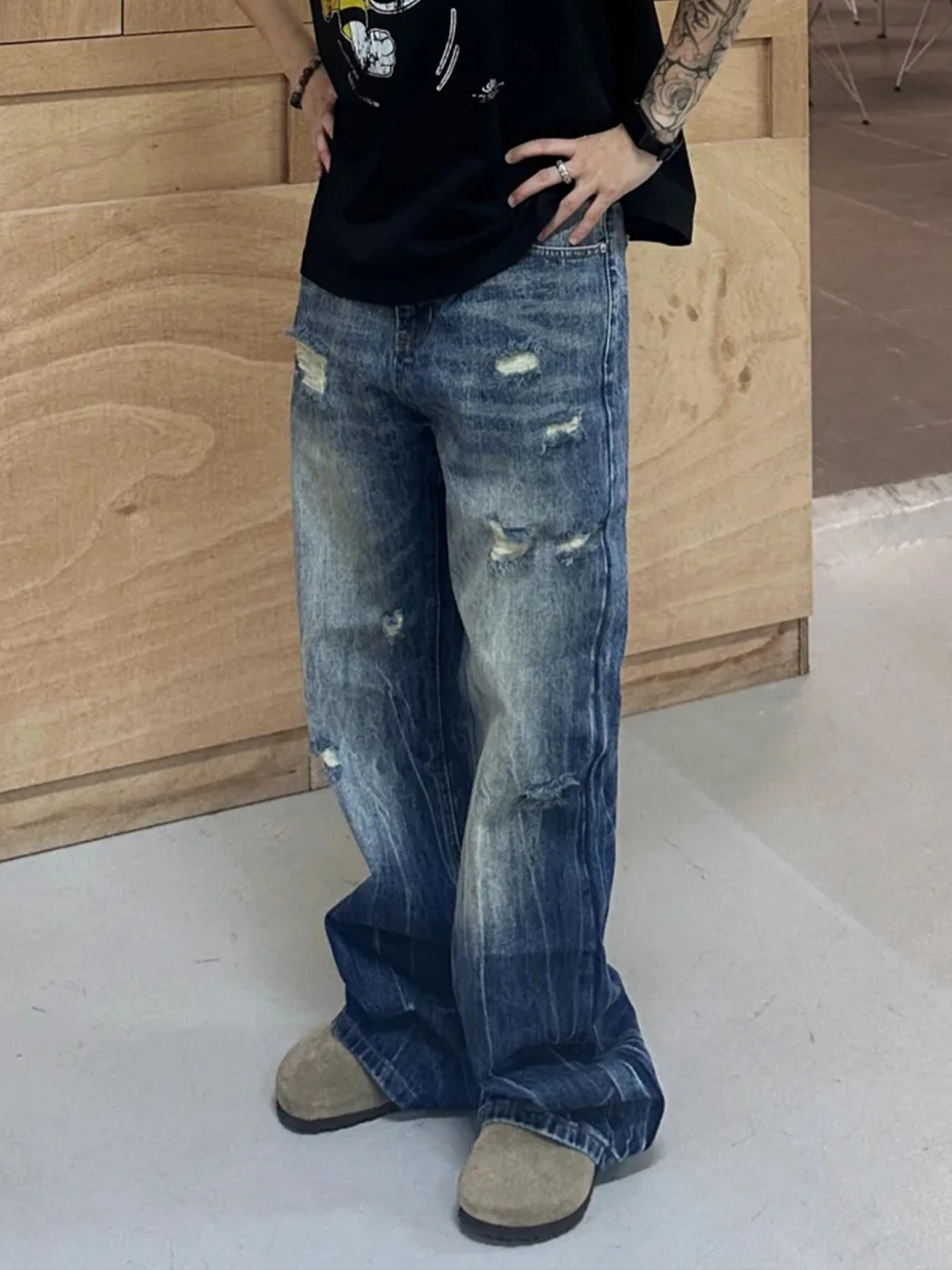 

Waed Lightning Pattern Hole Denim Jeans Men's Summer American High Street Loose Casual Straight Leg Pants