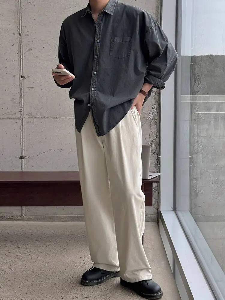 SYUHGFA 2026 printemps Niche Design hommes chemises col rabattu couleur unie Vinntage à manches longues simple boutonnage homme chemise hauts