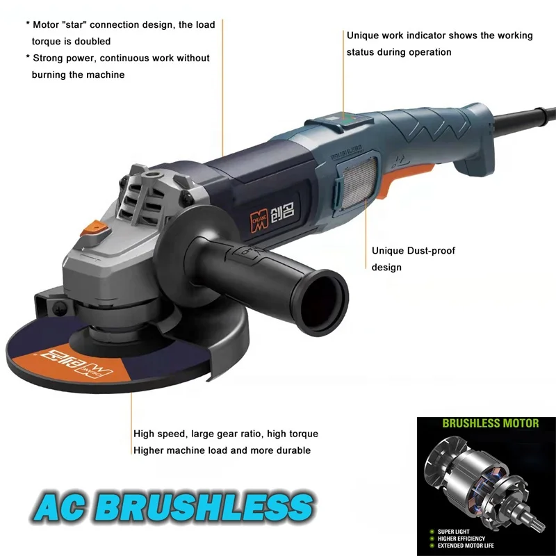 Professional 180mm AC Brushless Angle Grinder 8500 rpm for Cutting Polishing Grinding