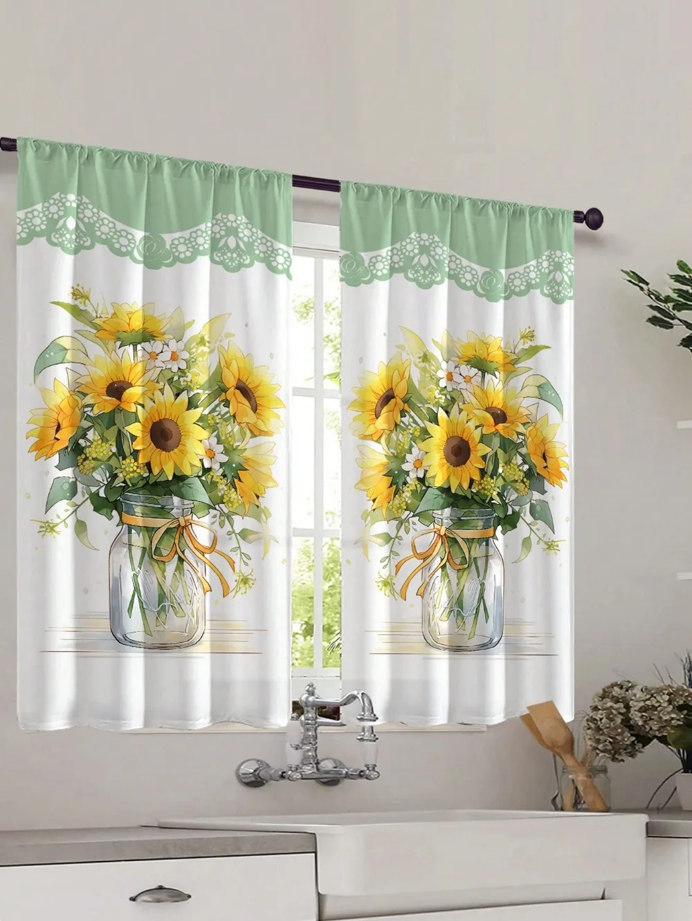 2pcs New Fashion Multi-Color Sunflower Print Kitchen Window Curtain for Decorating Bedrooms Study Rooms Cafes and Living Rooms