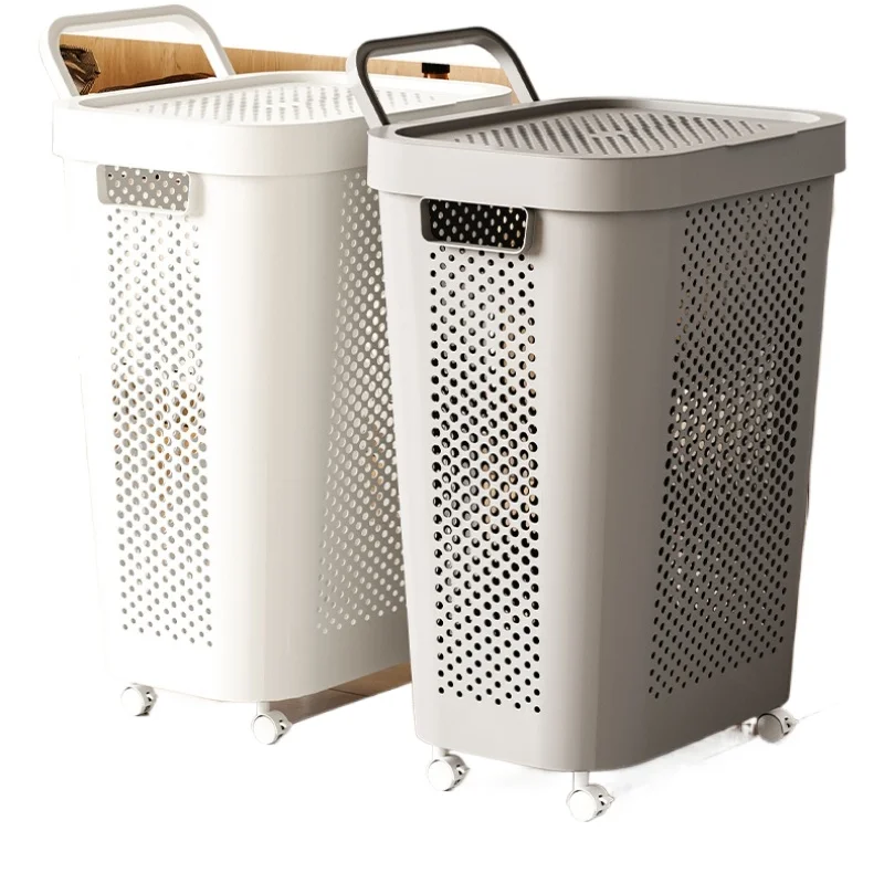 

Household Goods Large Dirty Clothing Basket Plastic Rolling Laundry Basket with Underwear Basket Handle Wheel