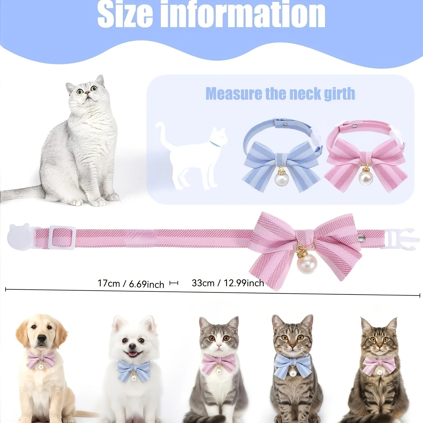 1 Stück Abreißbares Katzenhalsband mit Schleife, Perlenverzierung, Rosa-Blaues Schleifenhalsband für Katzen und kleine Hunde, Sicherheits-Halsaccessoire für Haustiere – Detail 1