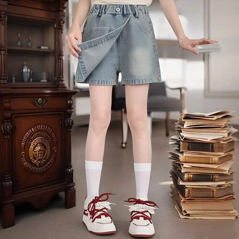 Elegant Summer Kids Denim y2k Mini Skirt with Shorts for Teens Girl Fashion Protective Shorts Under Skirt with Buttons Child