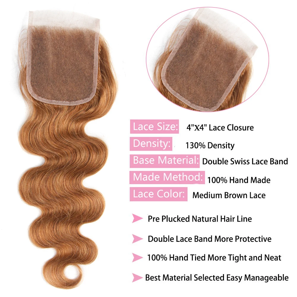 30 #   Rambut Manusia Brown Body Wave Closure Warna 30 #   4x4 Body Wave Lace Closure 100% Rambut Manusia Lurus Dengan Baby Hair Remy HairUGo