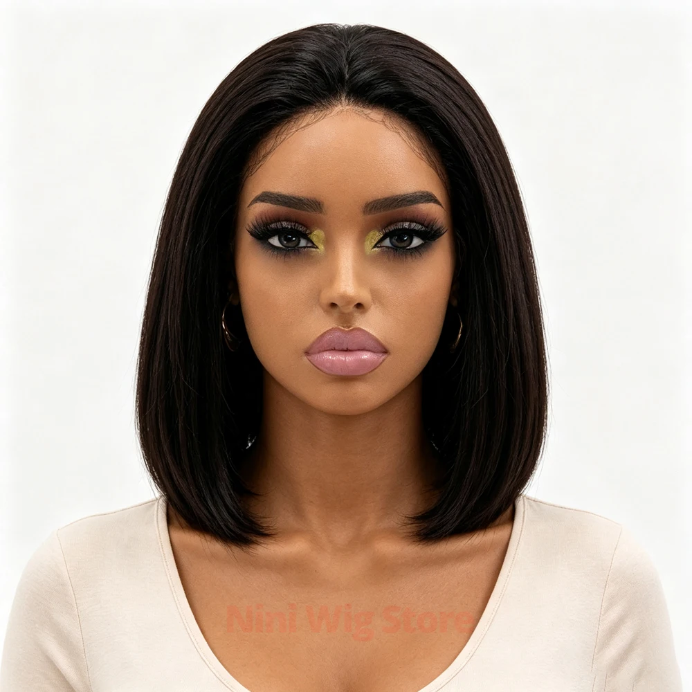 12 Inch Natural Black Straight Lace Front Bob Wig For Women Daily Use Short Straight Bob Lace Wig Heat Resistant Synthetic Wigs