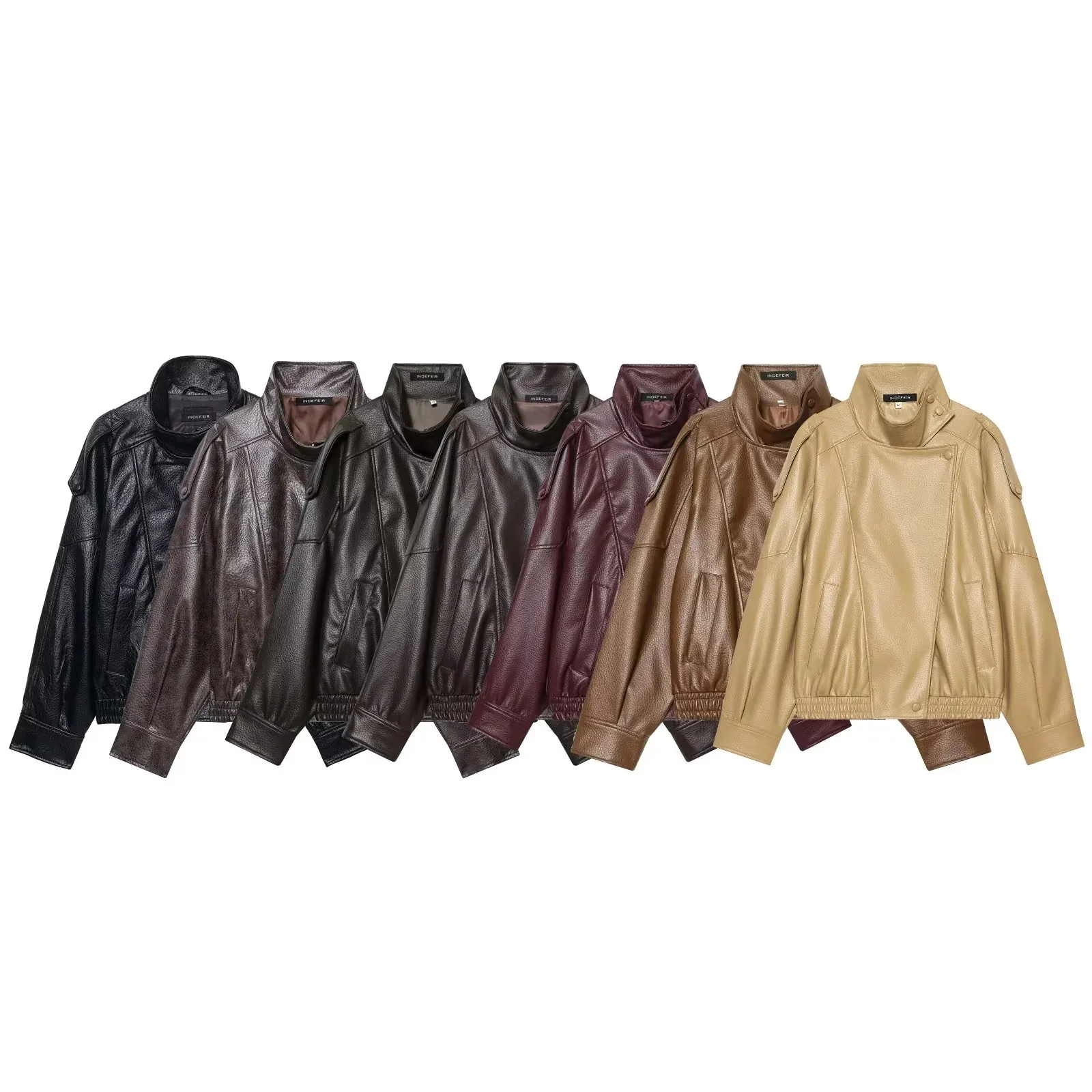 Womens Vintage PU Leather Jacket High Neck Asymmetric Single Breasted Short Coat Casual Loose Biker Streetwear Outfits Tops