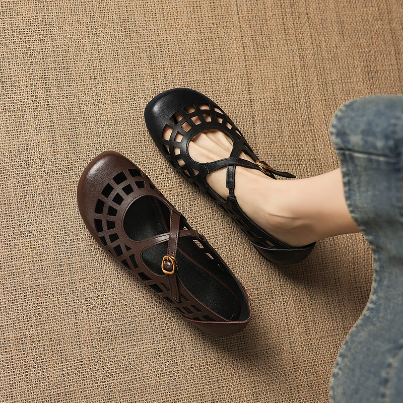 2026 new summer women sandals natural leather plus size 22-26cm cowhide+pigskin round toe ankle buckle women shoes fashion