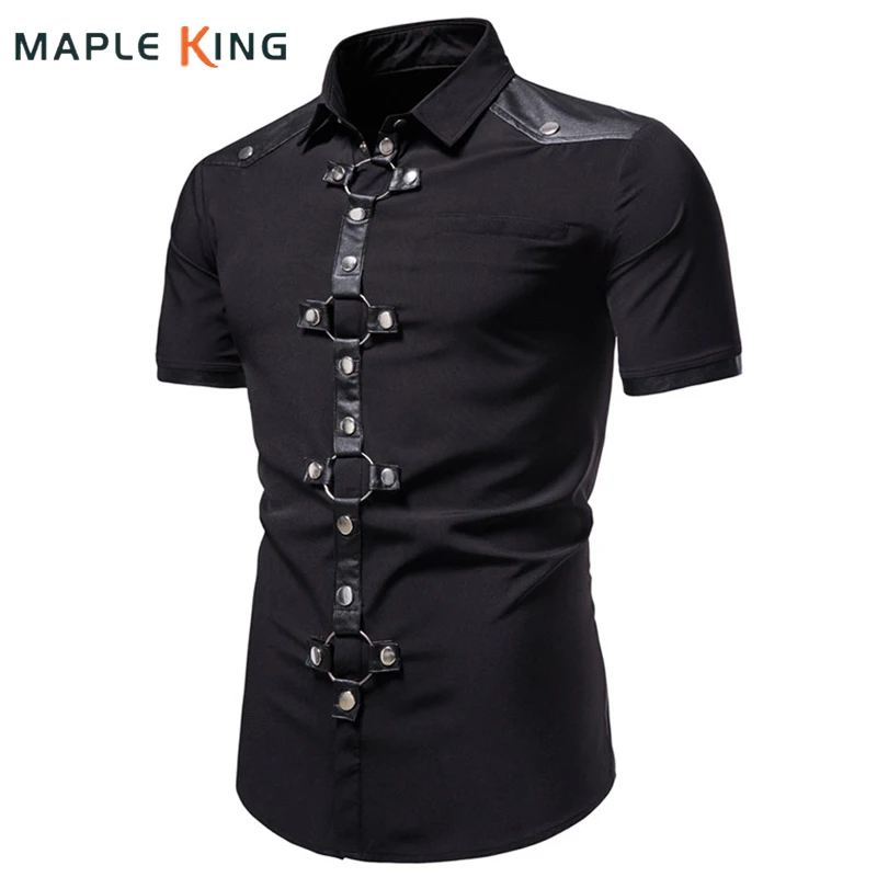 Mens Dress Shirts Short Sleeve Summer Goth Style Rivet Solid Color Social Shirt Homme Men Steampunk Slim Fit Chemise Streetwear