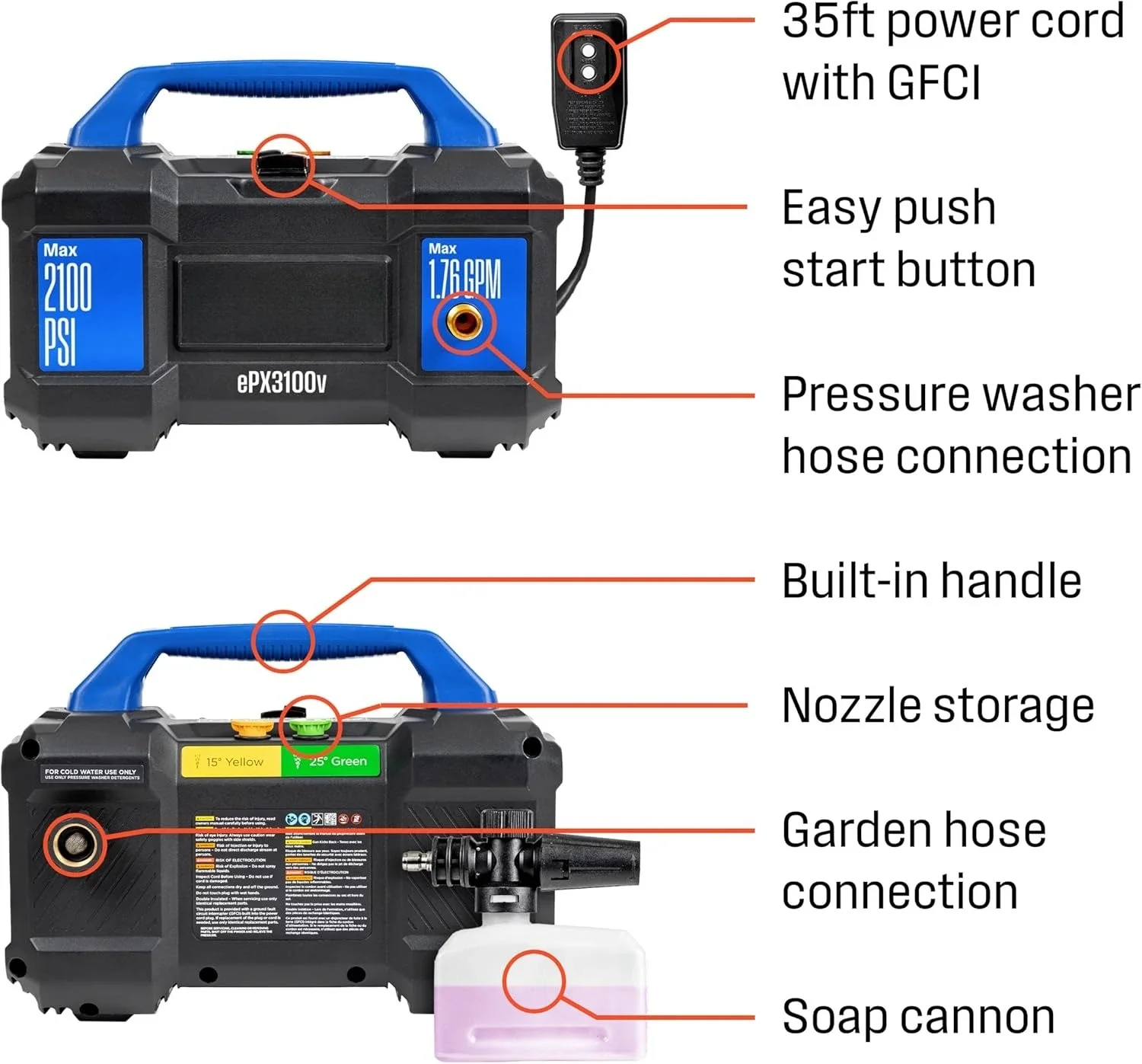 

Built-in Carry Handle, Detachable Foam Cannon, ePX3100v Electric Pressure Washer, 2100 Max PSI 1.76 Max GPM