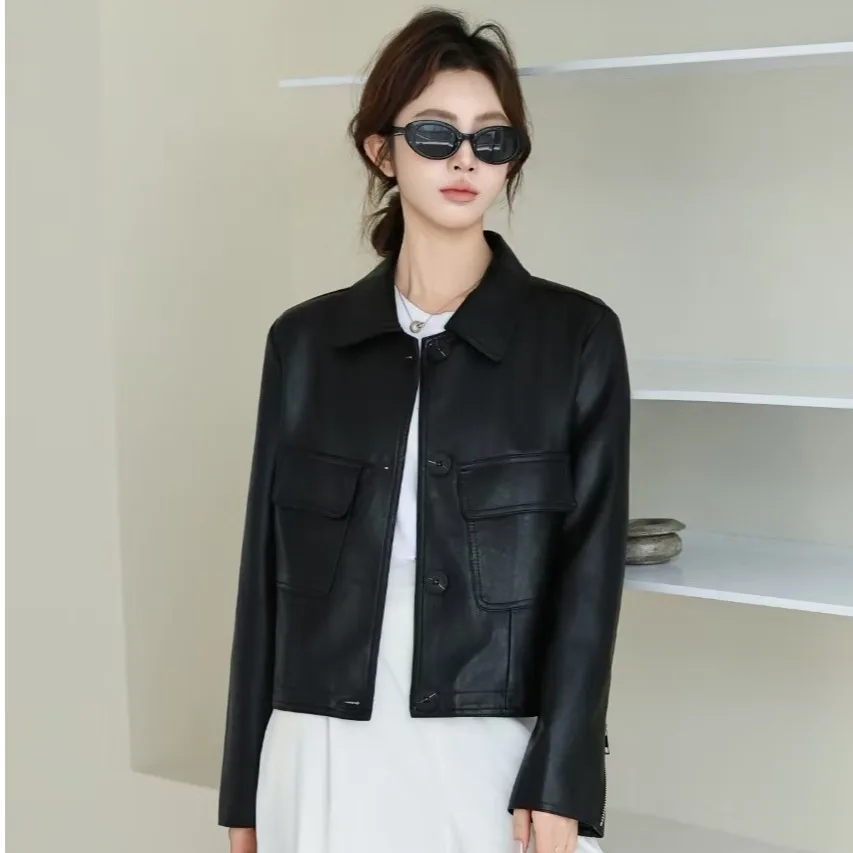 ハイエンドのオートバイレザージャケット、女性用ファッショナブルで多用途なスタンドカラーパッド入りコート、ストリートスタイルのカジュアルアウターウェア