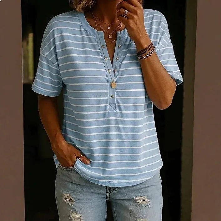 Einfarbige Gestreifte Henley-Hals Kurzarm-T-Shirts für Damen Lässige Knopfleisten-Bluse Tops Tees