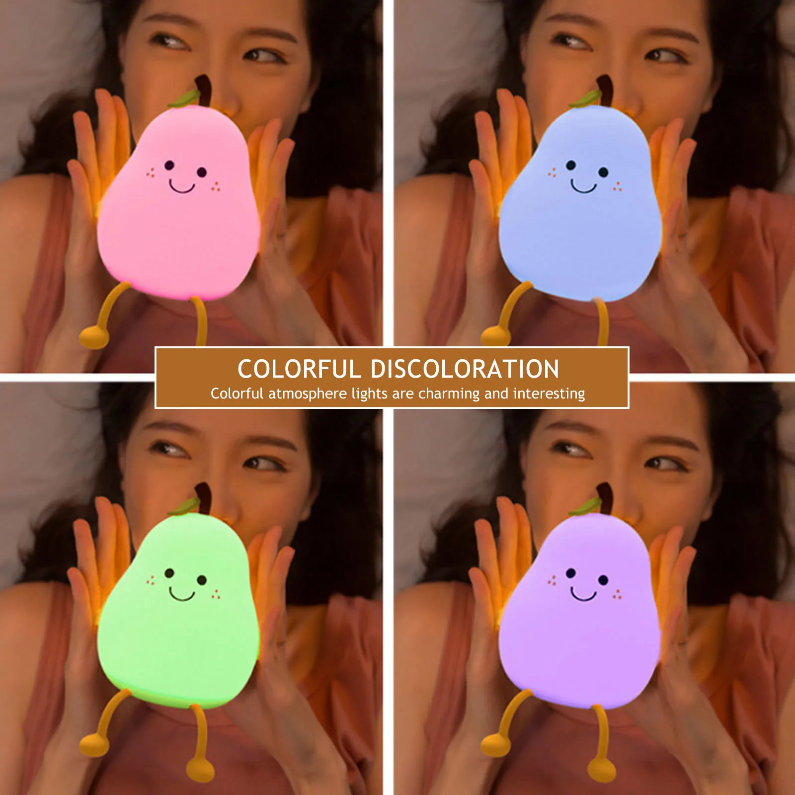 LED Night Light Pear Table Lamp Rechargeable Colorful Dimming Touch Silicone Cute Companion Sleep Decoration Kid Gift