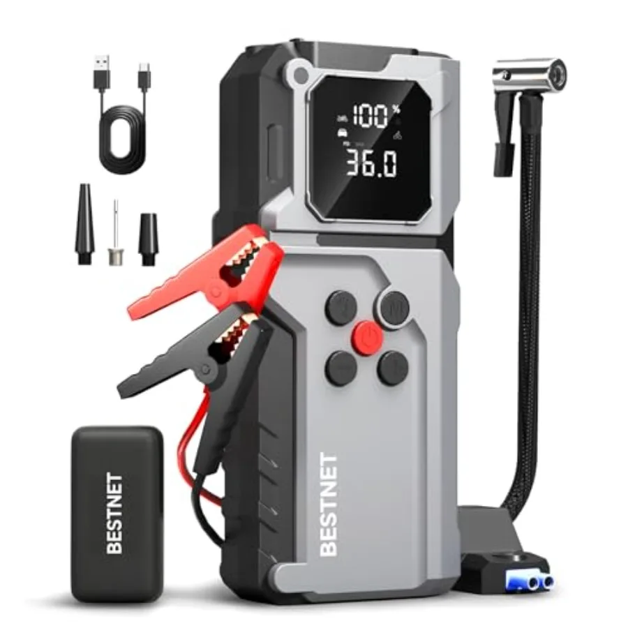 

Портативное пусковое устройство Q27 с воздушным компрессором 3000А, автомобильный бустер для аккумулятора, насос для накачки шин 150PSI, красные пусковые кабели с LED-подсветкой