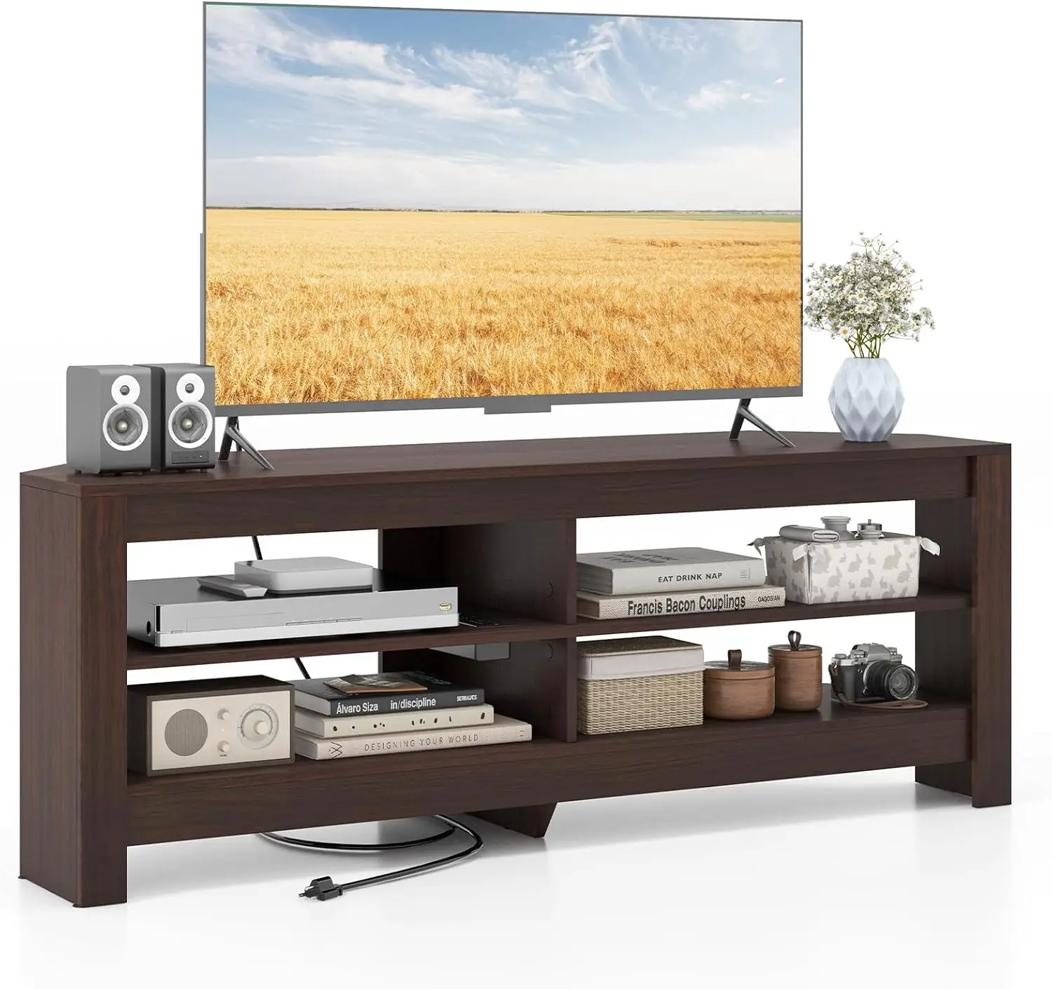 

55''L Corner TV Stand with Power Outlet, TV Console Table with 4 Open Storage Shelves for Living Room Bedroom