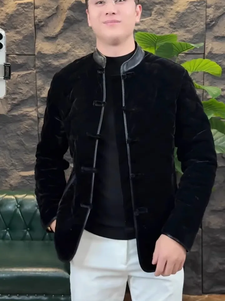 

New Men's Autumn Winter Cotton Padded Tang Suit Jaet National Trend Embroidered Button Comfortable Long Sve Casual Coat