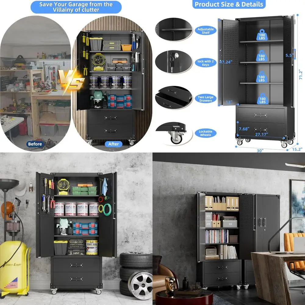 

Усовершенствованный вращающийся металлический шкаф для хранения вещей с 2 ящиками, 3 полками и перфорированной доской, требуется сборка, черный