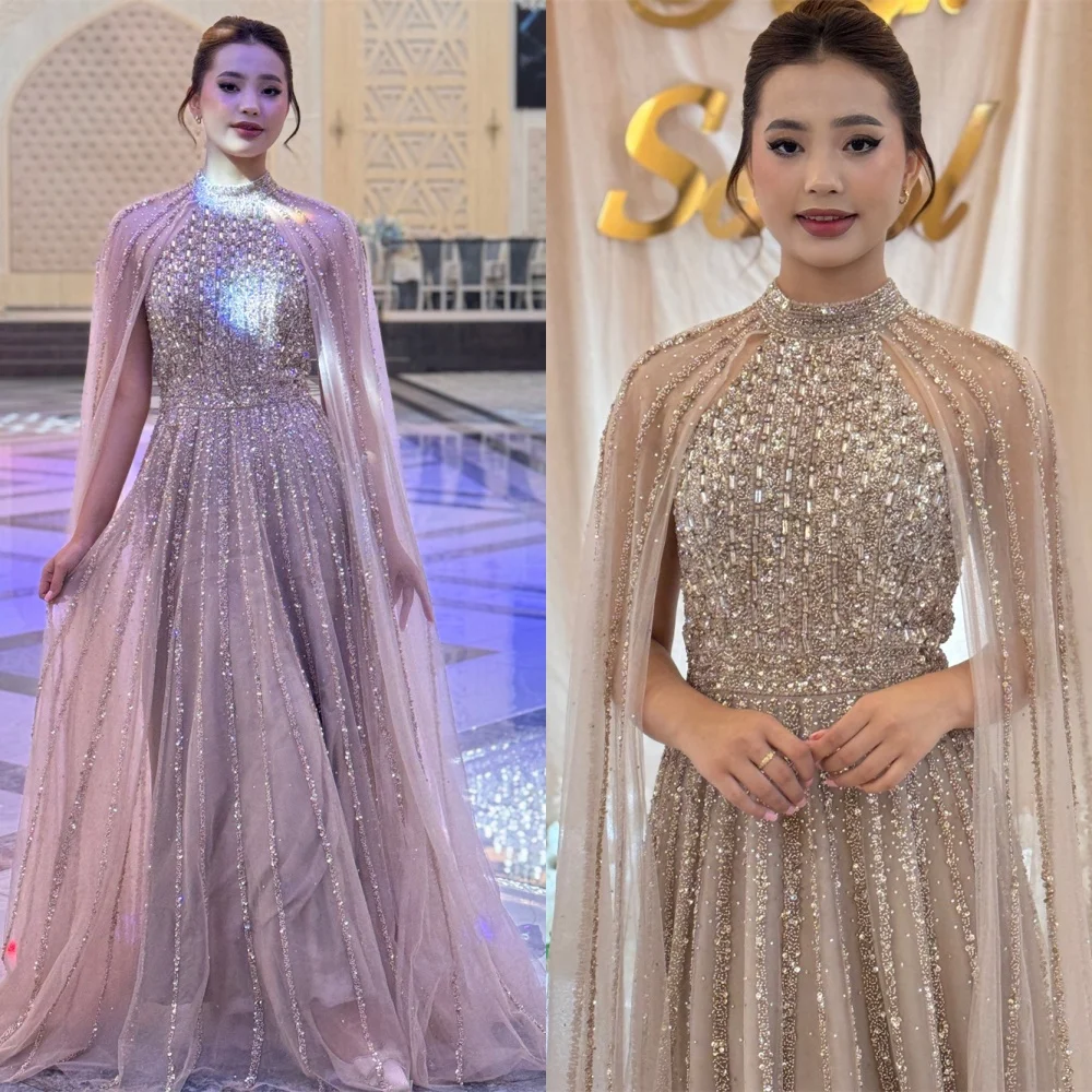 

Customized See Through Tulle Evening Dresses Elegant High Collar Homecoming Dresses Temperament Watteau Train Prom Dress